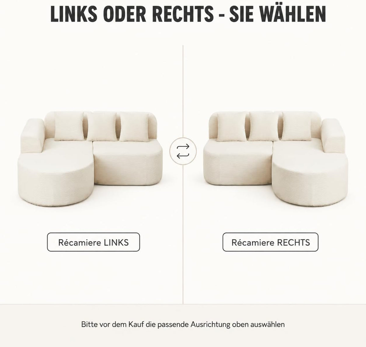 Ecksofa Cord 220 cm, L-Form Sofa mit Récamiere Links, 4-Sitzer Couch mit 3 Kissen, Federkern & Schaumstoff, Sitzhöhe 40 cm, Cordsofa Wohnzimmer, Beige