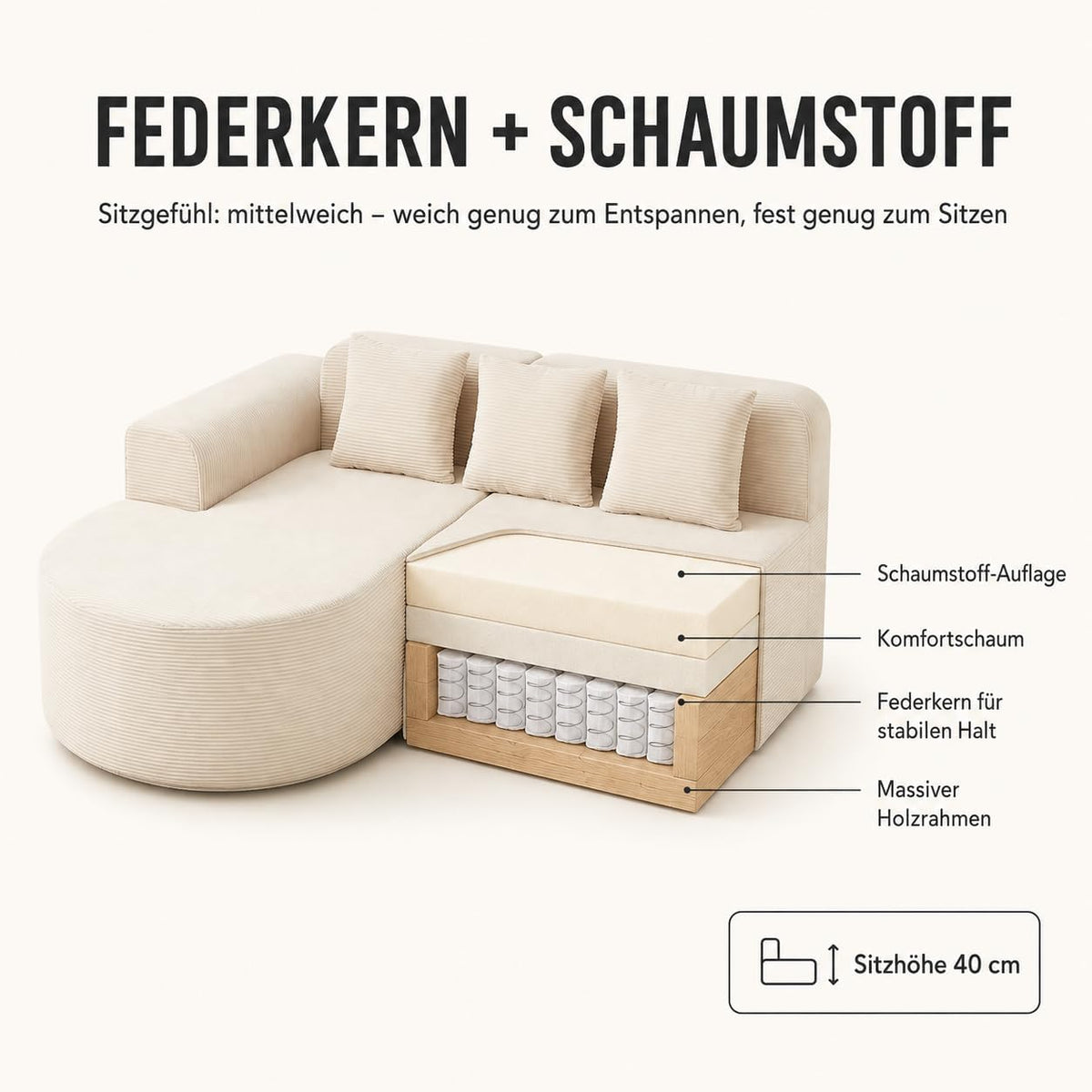 Ecksofa Cord 220 cm, L-Form Sofa mit Récamiere Links, 4-Sitzer Couch mit 3 Kissen, Federkern & Schaumstoff, Sitzhöhe 40 cm, Cordsofa Wohnzimmer, Beige