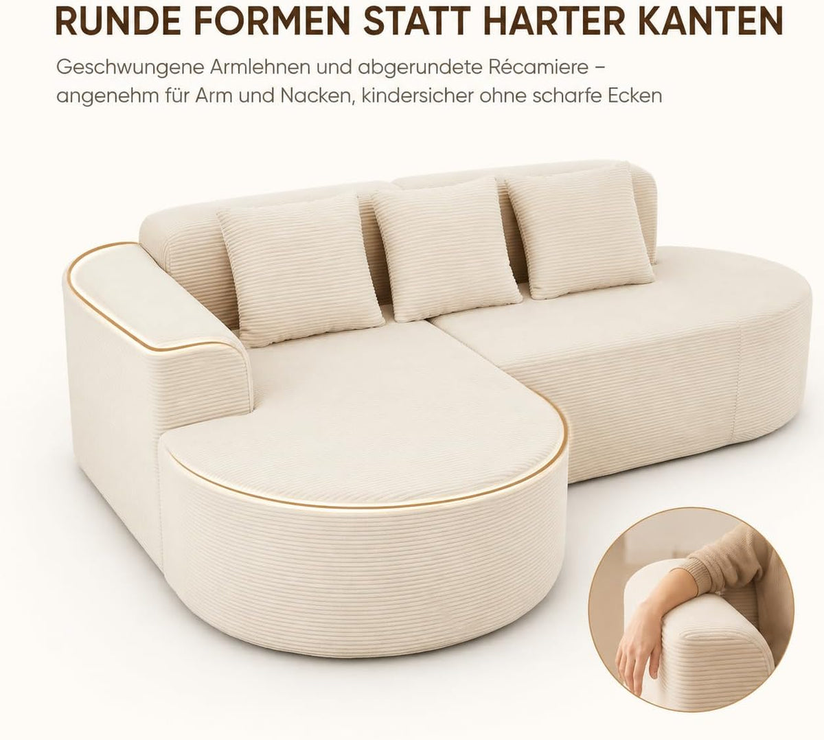 Ecksofa Cord 220 cm, L-Form Sofa mit Récamiere Links, 4-Sitzer Couch mit 3 Kissen, Federkern & Schaumstoff, Sitzhöhe 40 cm, Cordsofa Wohnzimmer, Beige