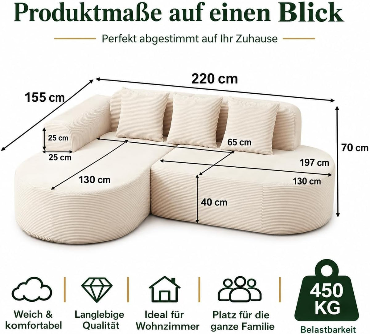 Ecksofa Cord 220 cm, L-Form Sofa mit Récamiere Links, 4-Sitzer Couch mit 3 Kissen, Federkern & Schaumstoff, Sitzhöhe 40 cm, Cordsofa Wohnzimmer, Beige