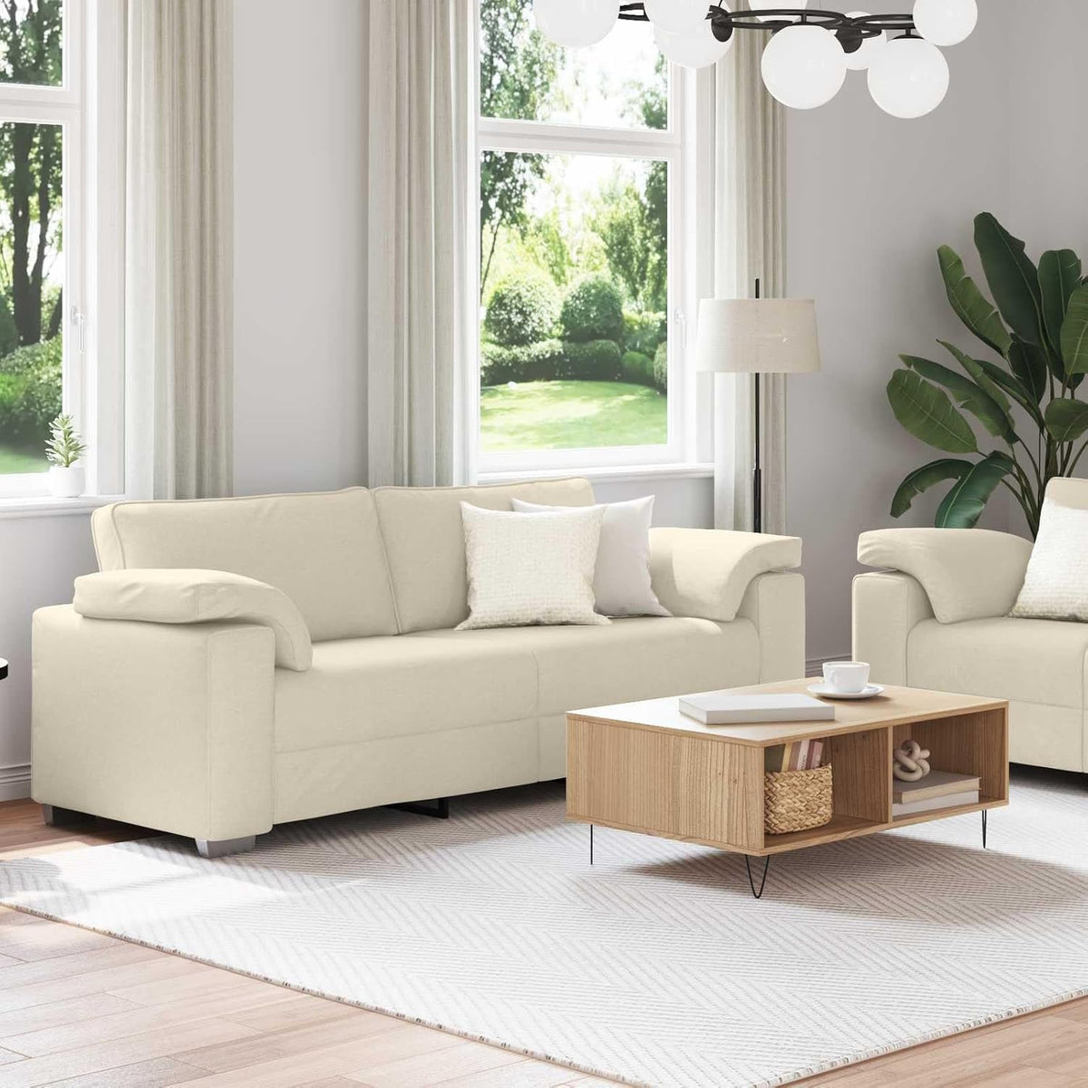 Modernes 2-teiliges Sofa-Set, Beige Leinenmischgewebe, 219 cm Breite, mit Breiten Armlehnen, Stabiler Metallrahmen, für Wohnzimmer, gemütlich, langlebig