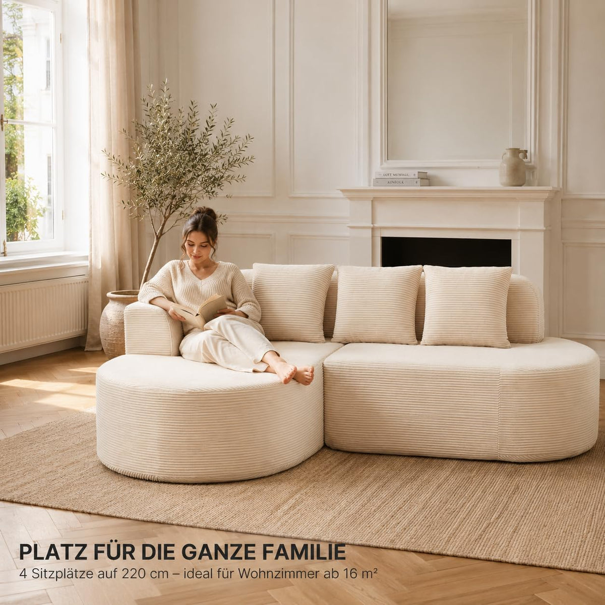 Ecksofa Cord 220 cm, L-Form Sofa mit Récamiere Links, 4-Sitzer Couch mit 3 Kissen, Federkern & Schaumstoff, Sitzhöhe 40 cm, Cordsofa Wohnzimmer, Beige