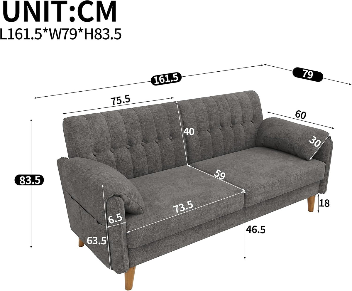 Merax 2-Sitzer Sofa, platzsparende Kleine Couch mit dickem Sitzpolster, getufteter Rückenlehne, 2 Armlehnenkissen, Seitentaschen und Massivholzbeinen, Chenille Polstersofa für Wohnzimmer, Hellgrau