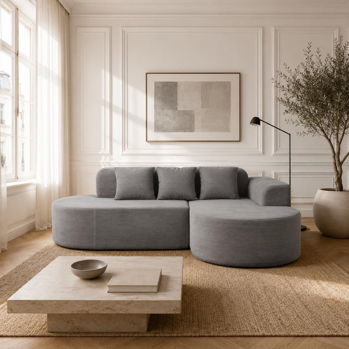 Ecksofa Cord 220 cm, L-Form Sofa mit Récamiere Links, 4-Sitzer Couch mit 3 Kissen, Federkern & Schaumstoff, Sitzhöhe 40 cm, Cordsofa Wohnzimmer, Beige