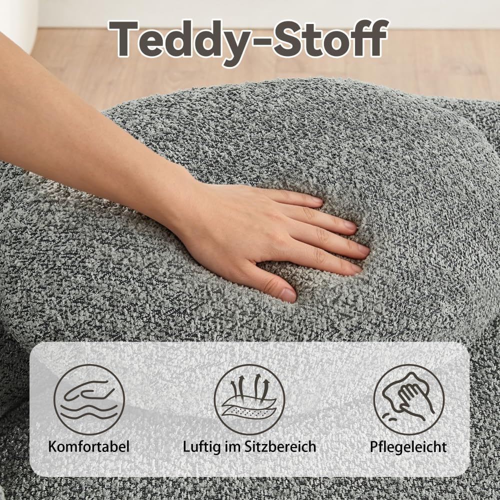 I0I&I0I Minimalistisches Teddyfleece Sofa Mit Rundem Design Weich Gepolstert Mit Kissen Für Wohnzimmer, Schlafzimmer Und Studio (Dark Gray + Teddy + 1 Seat + Foam)