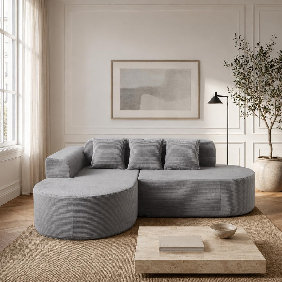 Ecksofa Cord 220 cm, L-Form Sofa mit Récamiere Links, 4-Sitzer Couch mit 3 Kissen, Federkern & Schaumstoff, Sitzhöhe 40 cm, Cordsofa Wohnzimmer, Beige