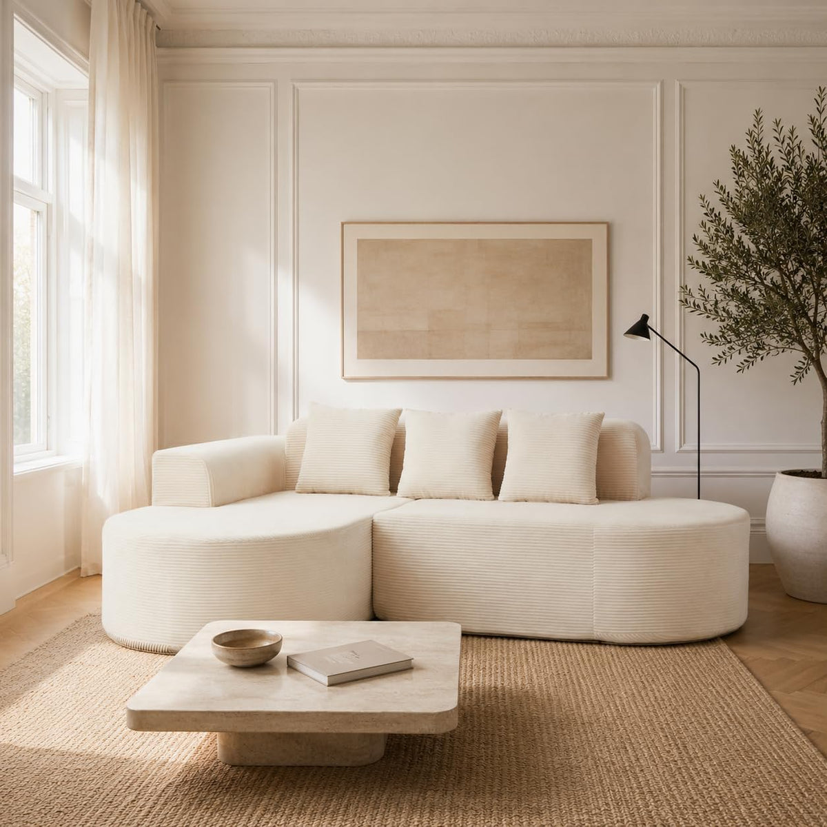Ecksofa Cord 220 cm, L-Form Sofa mit Récamiere Links, 4-Sitzer Couch mit 3 Kissen, Federkern & Schaumstoff, Sitzhöhe 40 cm, Cordsofa Wohnzimmer, Beige