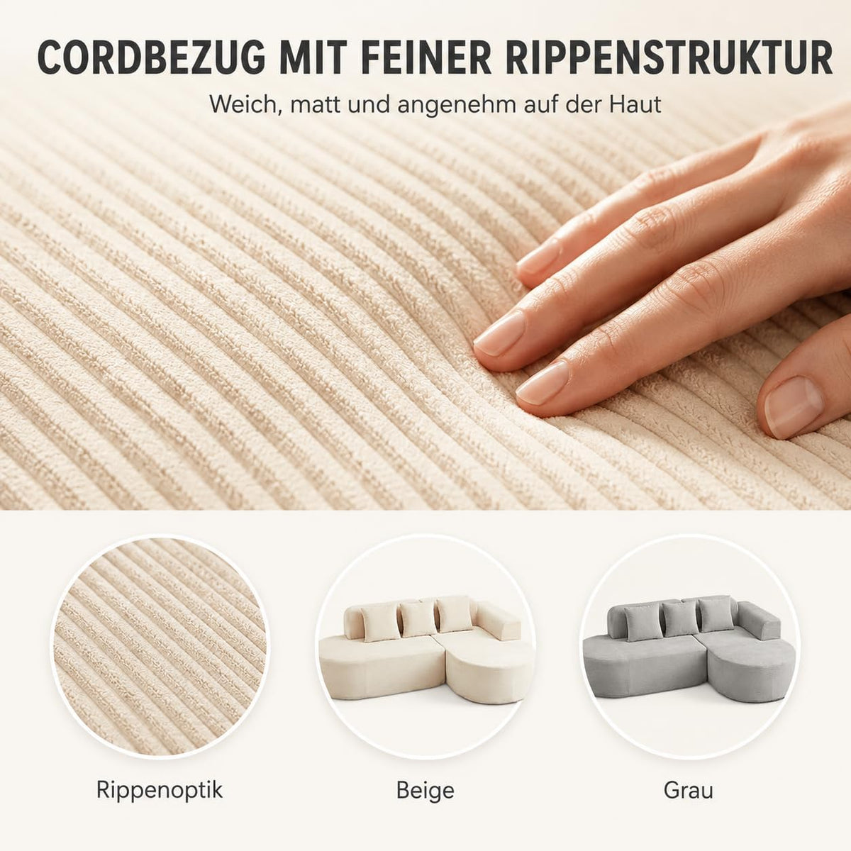 Ecksofa Cord 220 cm, L-Form Sofa mit Récamiere Links, 4-Sitzer Couch mit 3 Kissen, Federkern & Schaumstoff, Sitzhöhe 40 cm, Cordsofa Wohnzimmer, Beige