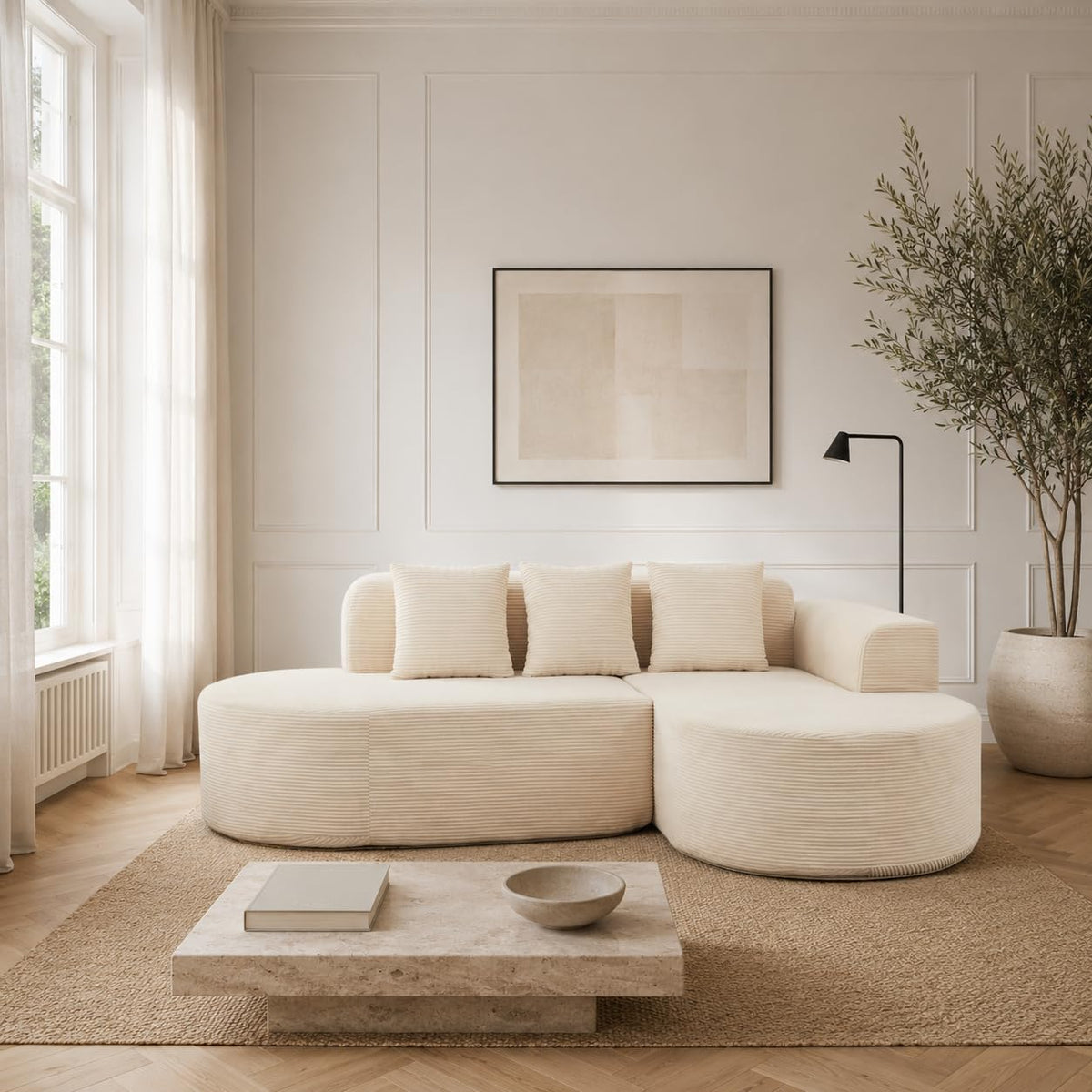 Ecksofa Cord 220 cm, L-Form Sofa mit Récamiere Links, 4-Sitzer Couch mit 3 Kissen, Federkern & Schaumstoff, Sitzhöhe 40 cm, Cordsofa Wohnzimmer, Beige