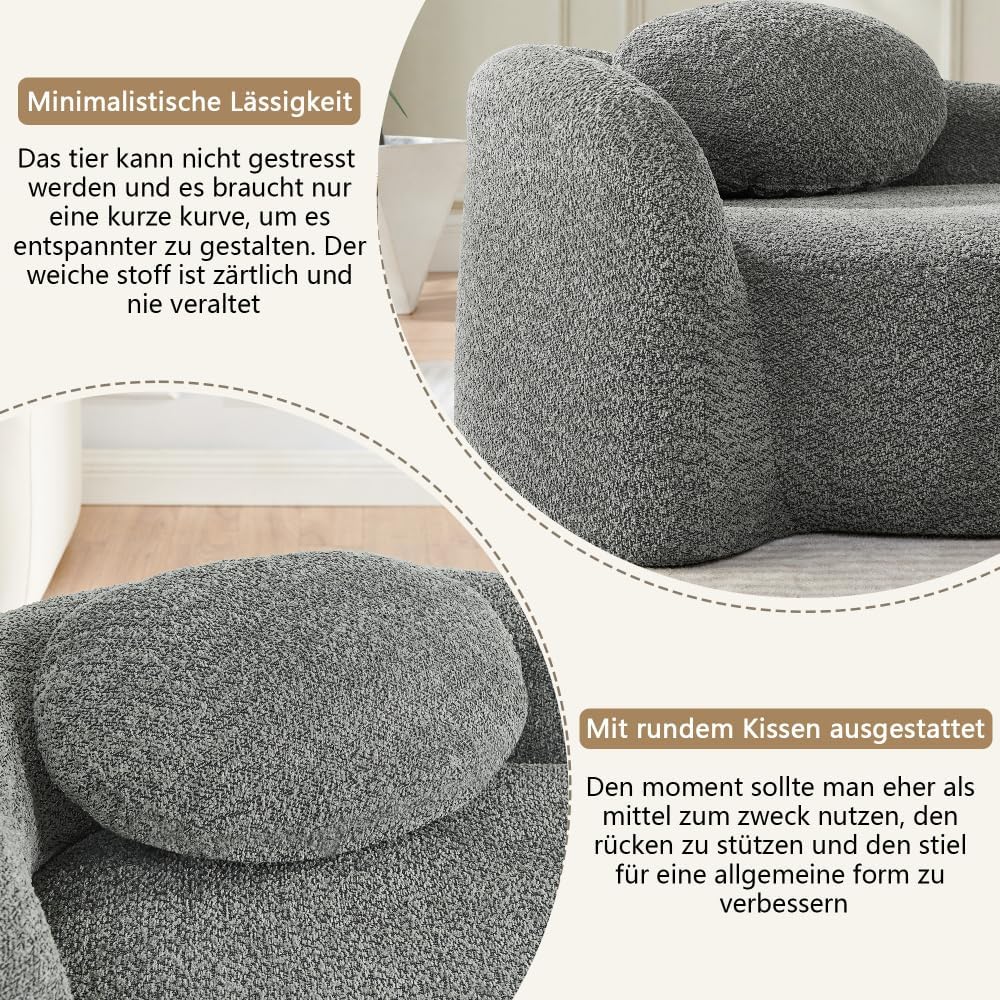 I0I&I0I Minimalistisches Teddyfleece Sofa Mit Rundem Design Weich Gepolstert Mit Kissen Für Wohnzimmer, Schlafzimmer Und Studio (Dark Gray + Teddy + 1 Seat + Foam)