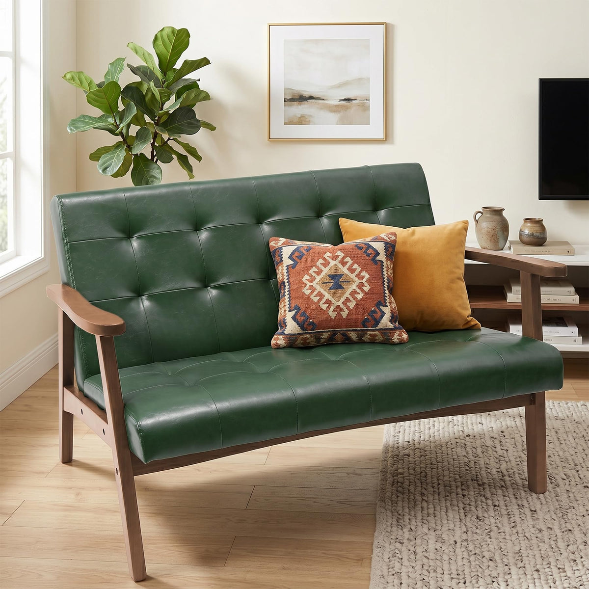 2-Sitzer Sofa aus Kunstleder mit Armlehnen, Massivholzrahmen