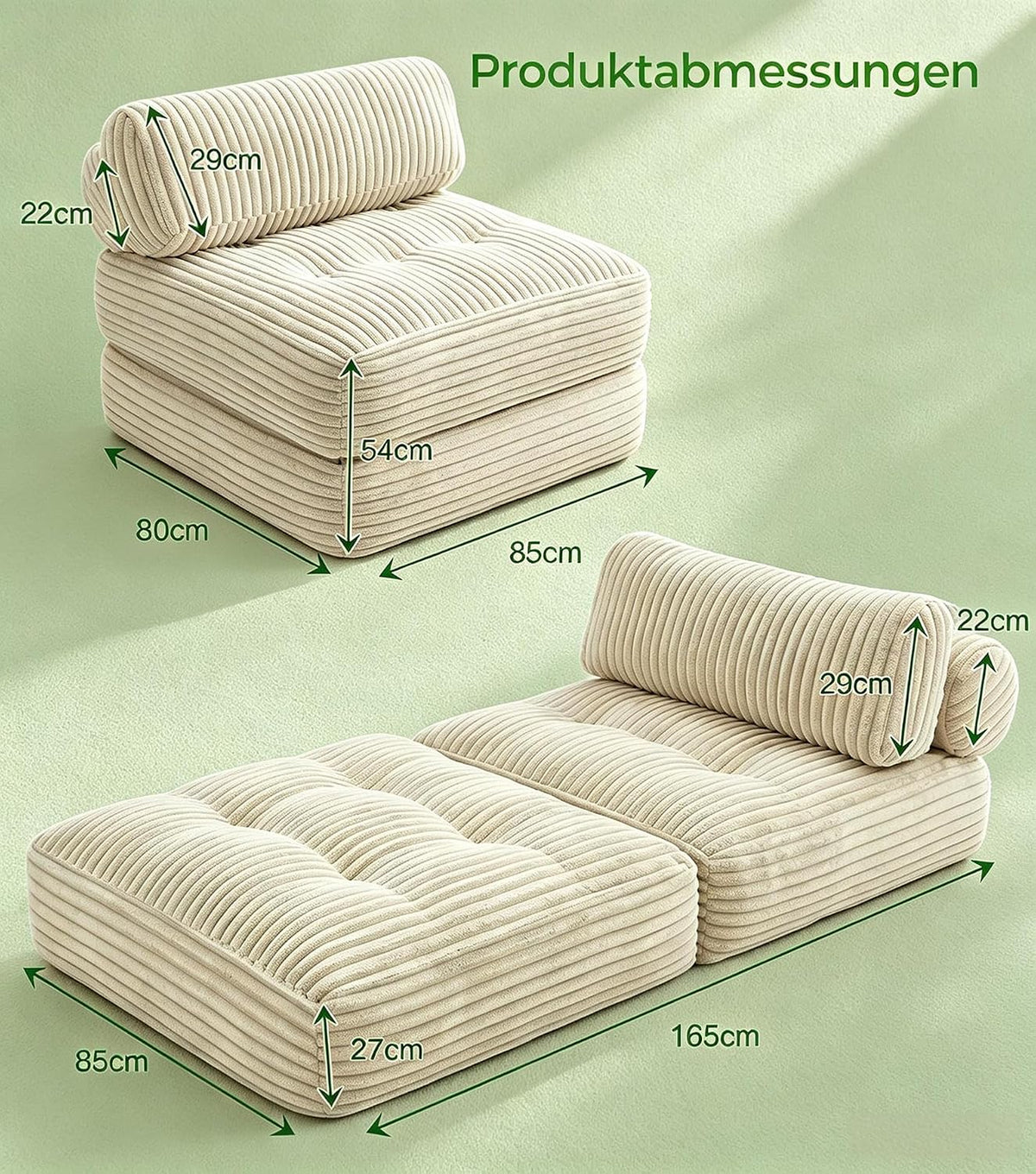 Welzona Faltbarer Schlafsessel mit Bettfunktion, Kordsamt Sofa Bed, Beige