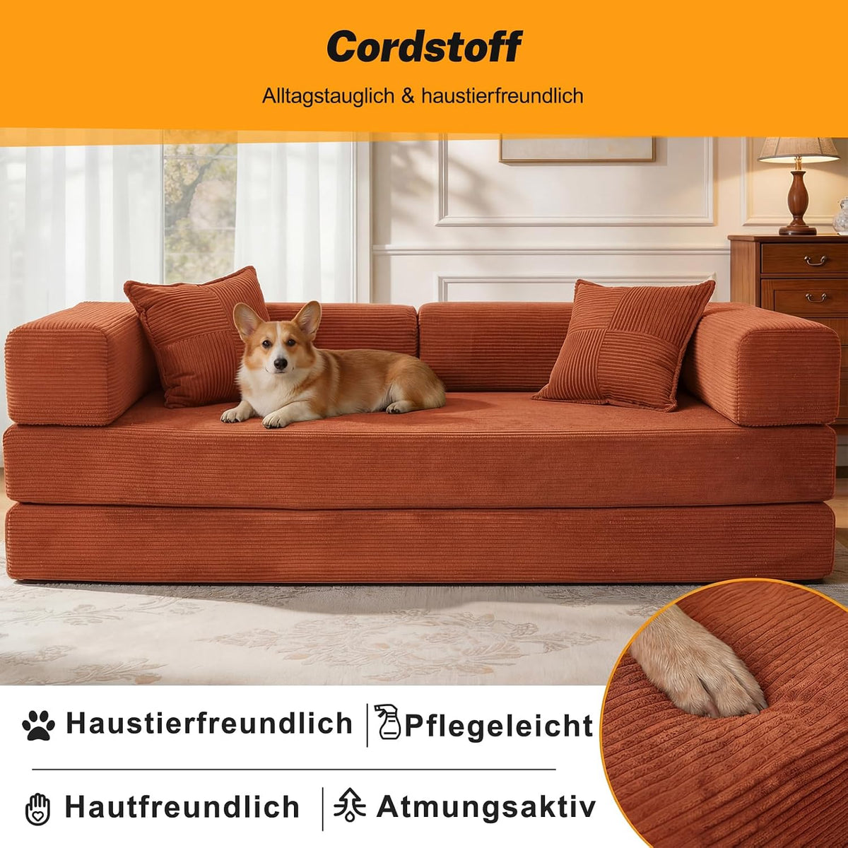 Vipbear Premium 5-in-1 Vielseitiges Rahmenloses Sofa, 160 cm, Ergonomisch Verwandelbarer 3-Sitzer mit Memory-Schaum, Ausklappbares Schlafsofa fürs Wohnzimmer