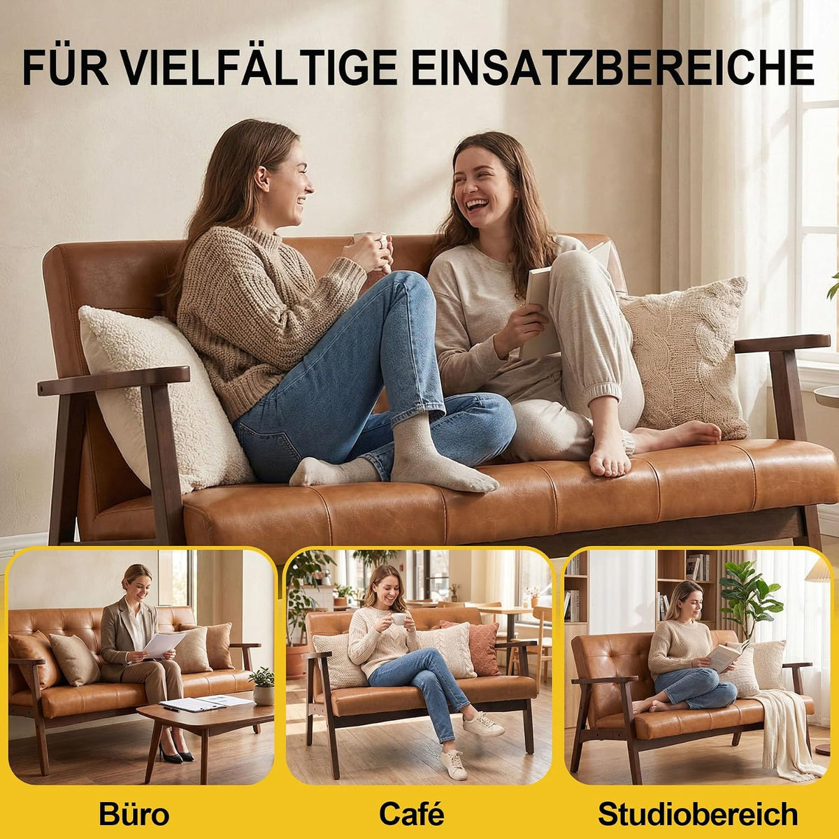 2-Sitzer Sofa aus Kunstleder mit Armlehnen, Massivholzrahmen