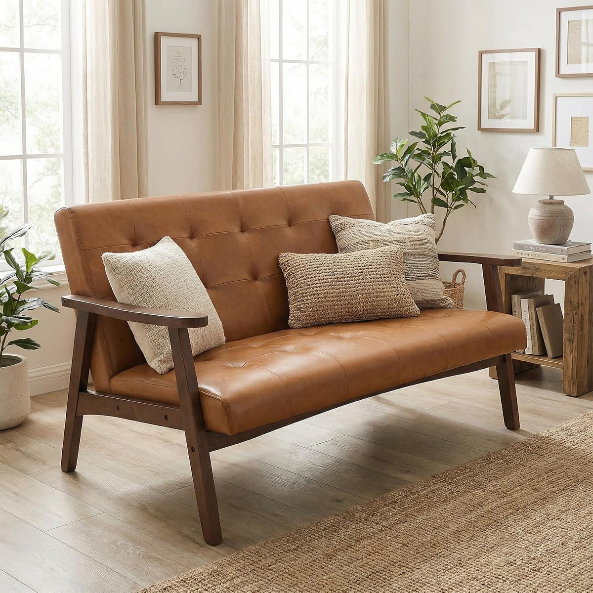 2-Sitzer Sofa aus Kunstleder mit Armlehnen, Massivholzrahmen