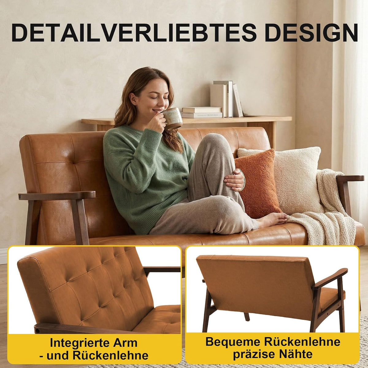 2-Sitzer Sofa aus Kunstleder mit Armlehnen, Massivholzrahmen