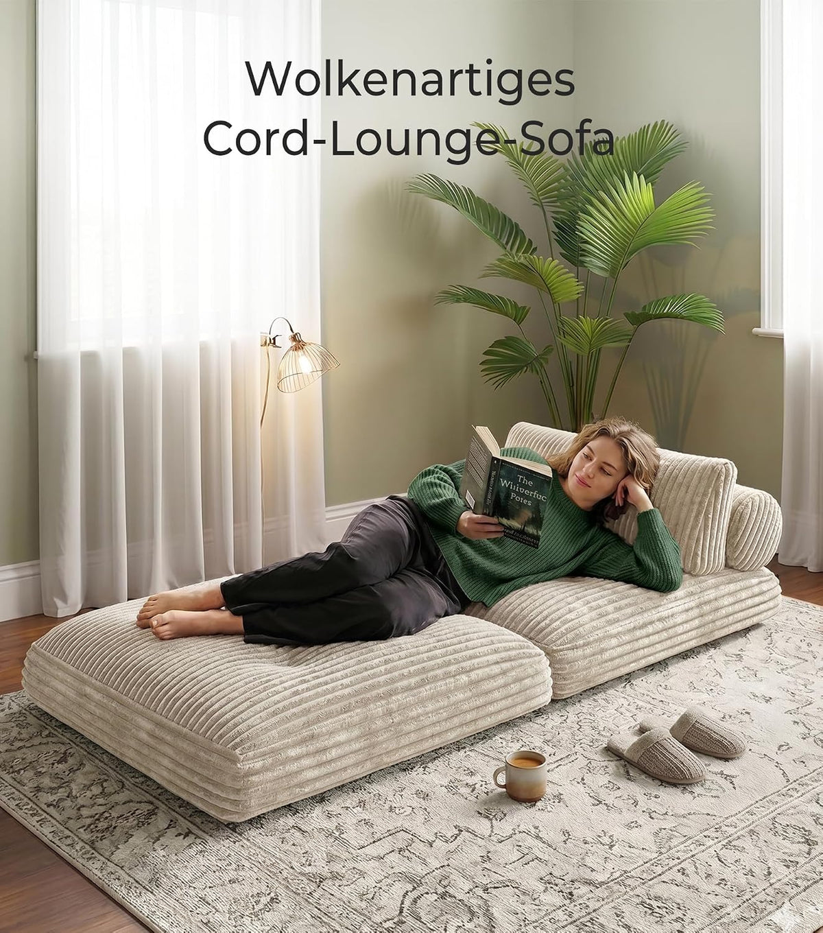 Welzona Faltbarer Schlafsessel mit Bettfunktion, Kordsamt Sofa Bed, Beige