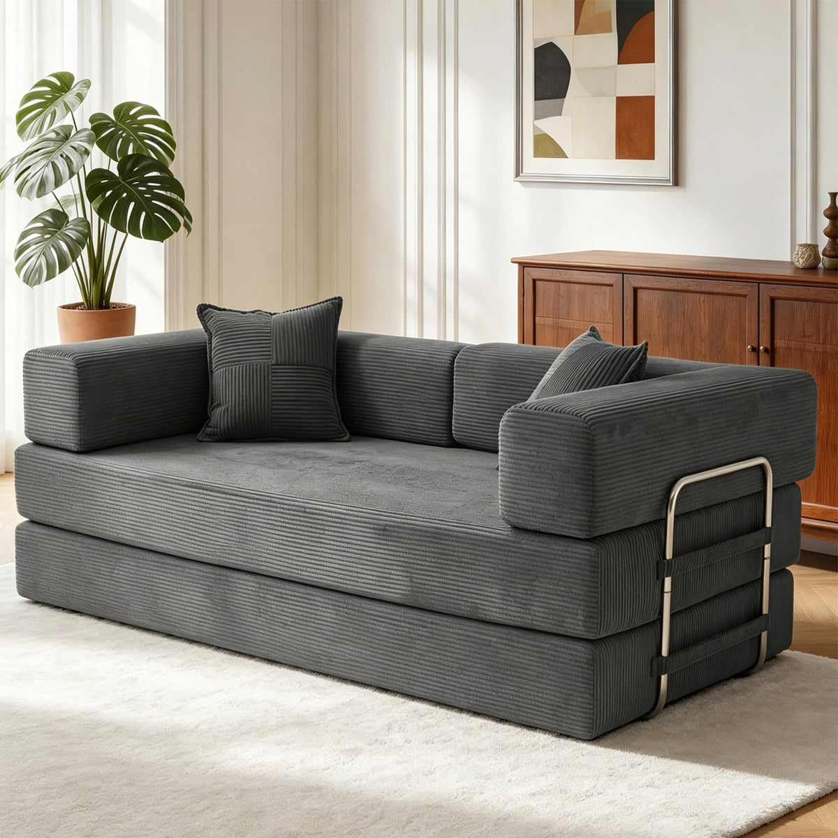 Vipbear Premium 5-in-1 Vielseitiges Rahmenloses Sofa, 160 cm, Ergonomisch Verwandelbarer 3-Sitzer mit Memory-Schaum, Ausklappbares Schlafsofa fürs Wohnzimmer