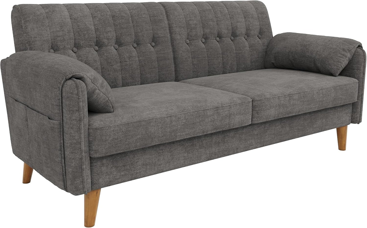 Merax 2-Sitzer Sofa, platzsparende Kleine Couch mit dickem Sitzpolster, getufteter Rückenlehne, 2 Armlehnenkissen, Seitentaschen und Massivholzbeinen, Chenille Polstersofa für Wohnzimmer, Hellgrau
