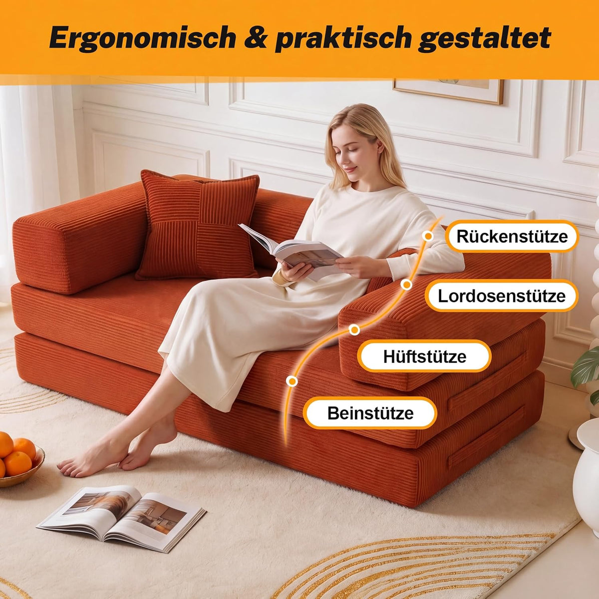 Vipbear Premium 5-in-1 Vielseitiges Rahmenloses Sofa, 160 cm, Ergonomisch Verwandelbarer 3-Sitzer mit Memory-Schaum, Ausklappbares Schlafsofa fürs Wohnzimmer