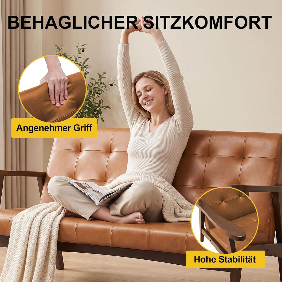 2-Sitzer Sofa aus Kunstleder mit Armlehnen, Massivholzrahmen