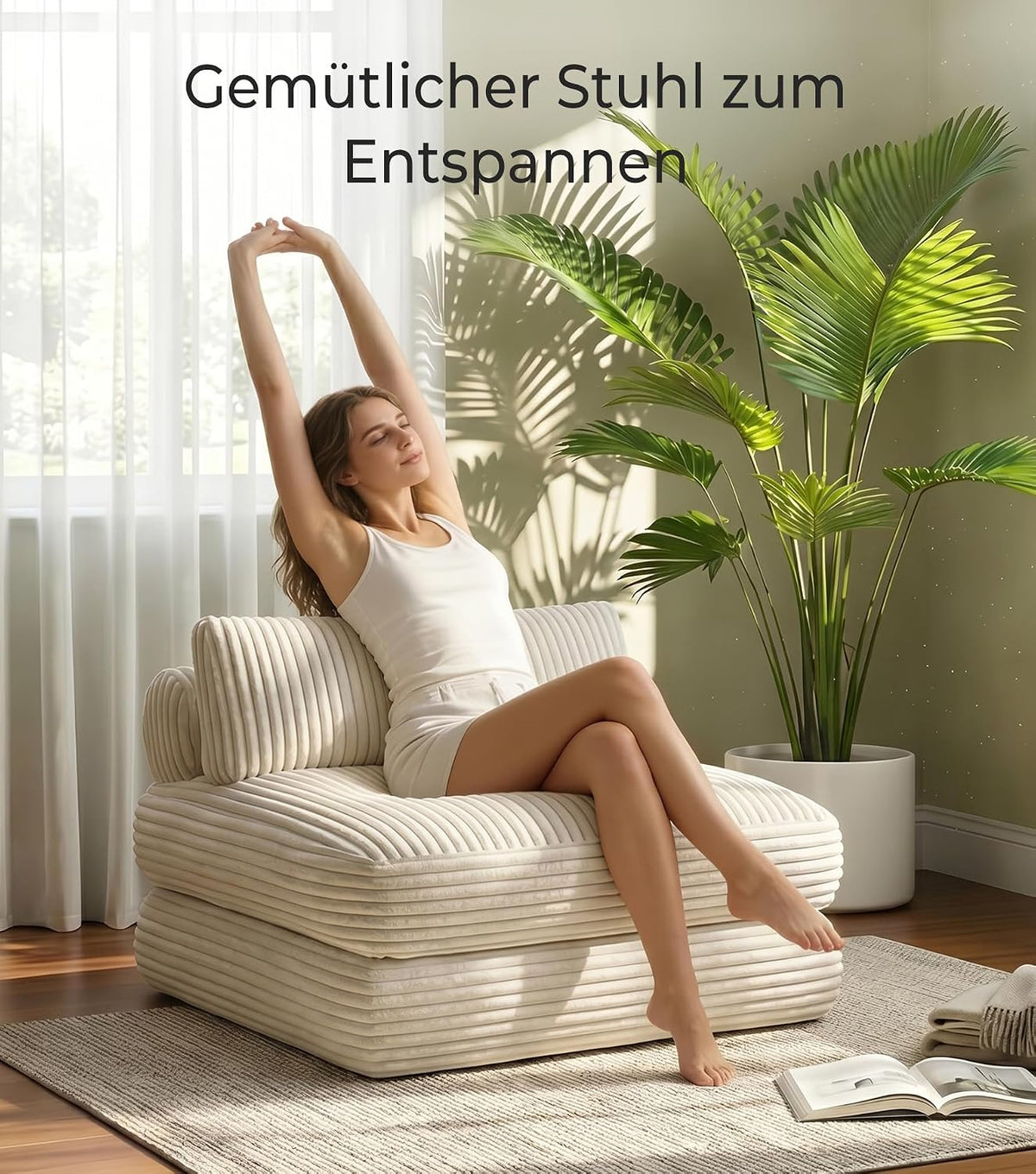 Welzona Faltbarer Schlafsessel mit Bettfunktion, Kordsamt Sofa Bed, Beige