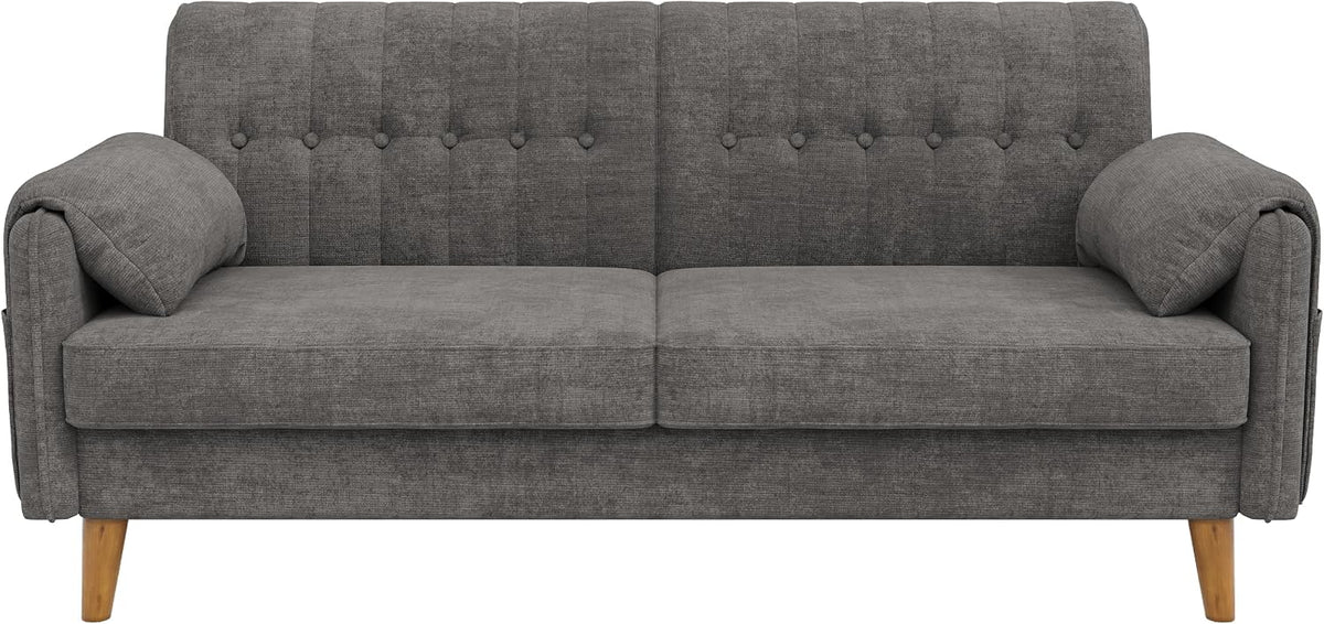 Merax 2-Sitzer Sofa, platzsparende Kleine Couch mit dickem Sitzpolster, getufteter Rückenlehne, 2 Armlehnenkissen, Seitentaschen und Massivholzbeinen, Chenille Polstersofa für Wohnzimmer, Hellgrau