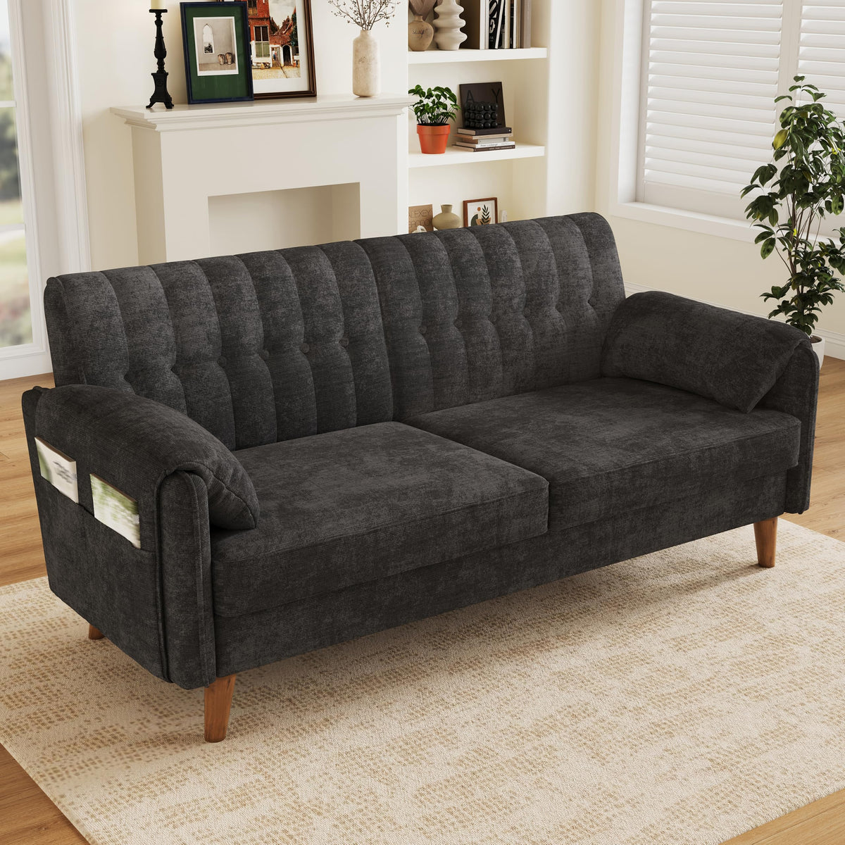Merax 2-Sitzer Sofa, platzsparende Kleine Couch mit dickem Sitzpolster, getufteter Rückenlehne, 2 Armlehnenkissen, Seitentaschen und Massivholzbeinen, Chenille Polstersofa für Wohnzimmer, Hellgrau