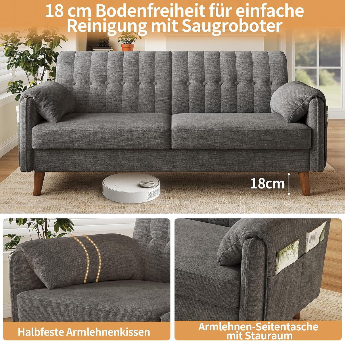 Merax 2-Sitzer Sofa, platzsparende Kleine Couch mit dickem Sitzpolster, getufteter Rückenlehne, 2 Armlehnenkissen, Seitentaschen und Massivholzbeinen, Chenille Polstersofa für Wohnzimmer, Hellgrau
