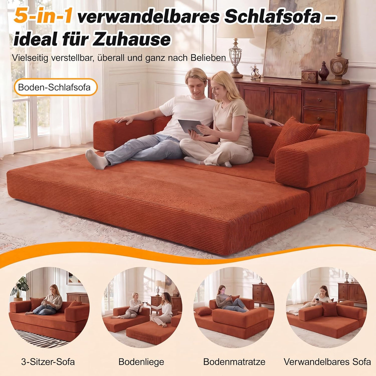 Vipbear Premium 5-in-1 Vielseitiges Rahmenloses Sofa, 160 cm, Ergonomisch Verwandelbarer 3-Sitzer mit Memory-Schaum, Ausklappbares Schlafsofa fürs Wohnzimmer