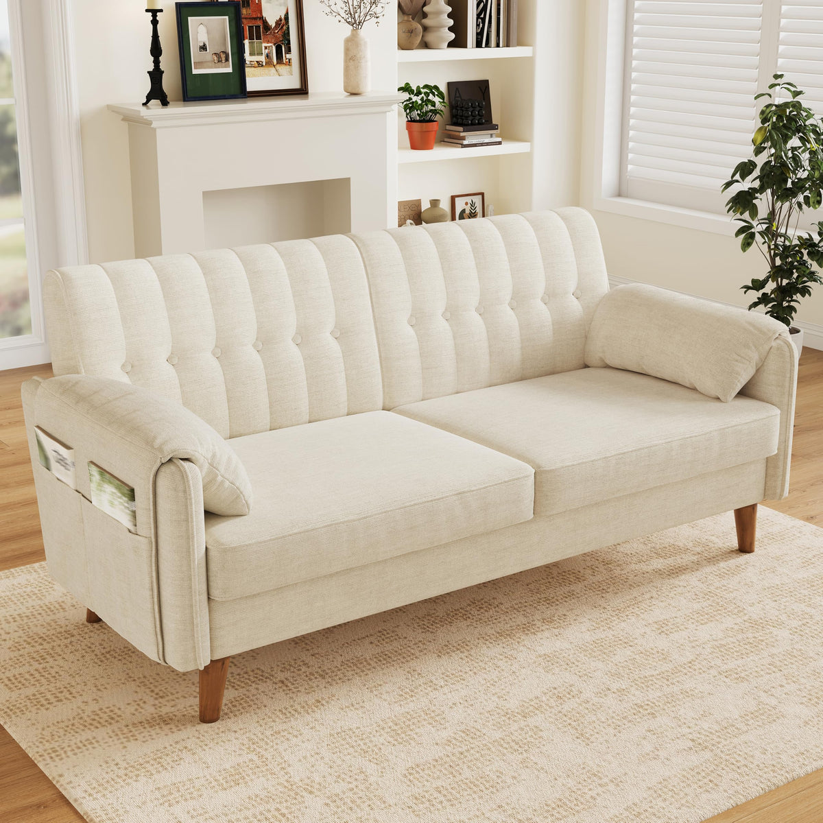 Merax 2-Sitzer Sofa, platzsparende Kleine Couch mit dickem Sitzpolster, getufteter Rückenlehne, 2 Armlehnenkissen, Seitentaschen und Massivholzbeinen, Chenille Polstersofa für Wohnzimmer, Hellgrau