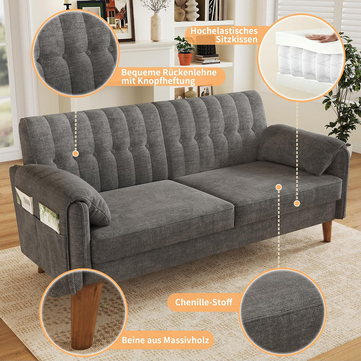 Merax 2-Sitzer Sofa, platzsparende Kleine Couch mit dickem Sitzpolster, getufteter Rückenlehne, 2 Armlehnenkissen, Seitentaschen und Massivholzbeinen, Chenille Polstersofa für Wohnzimmer, Hellgrau