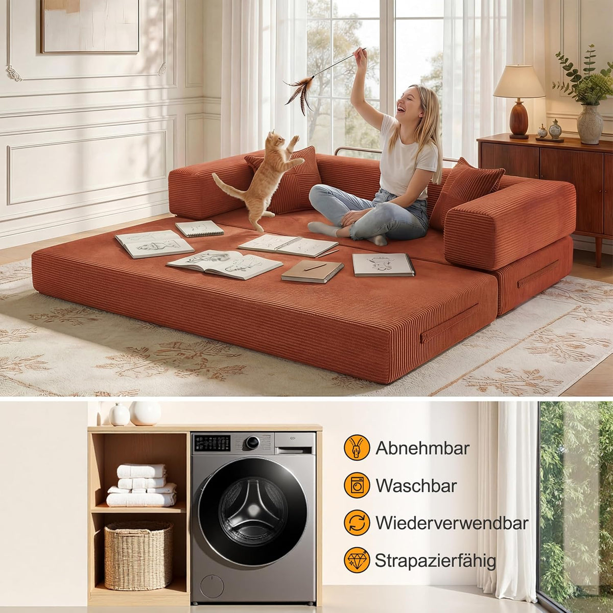 Vipbear Premium 5-in-1 Vielseitiges Rahmenloses Sofa, 160 cm, Ergonomisch Verwandelbarer 3-Sitzer mit Memory-Schaum, Ausklappbares Schlafsofa fürs Wohnzimmer