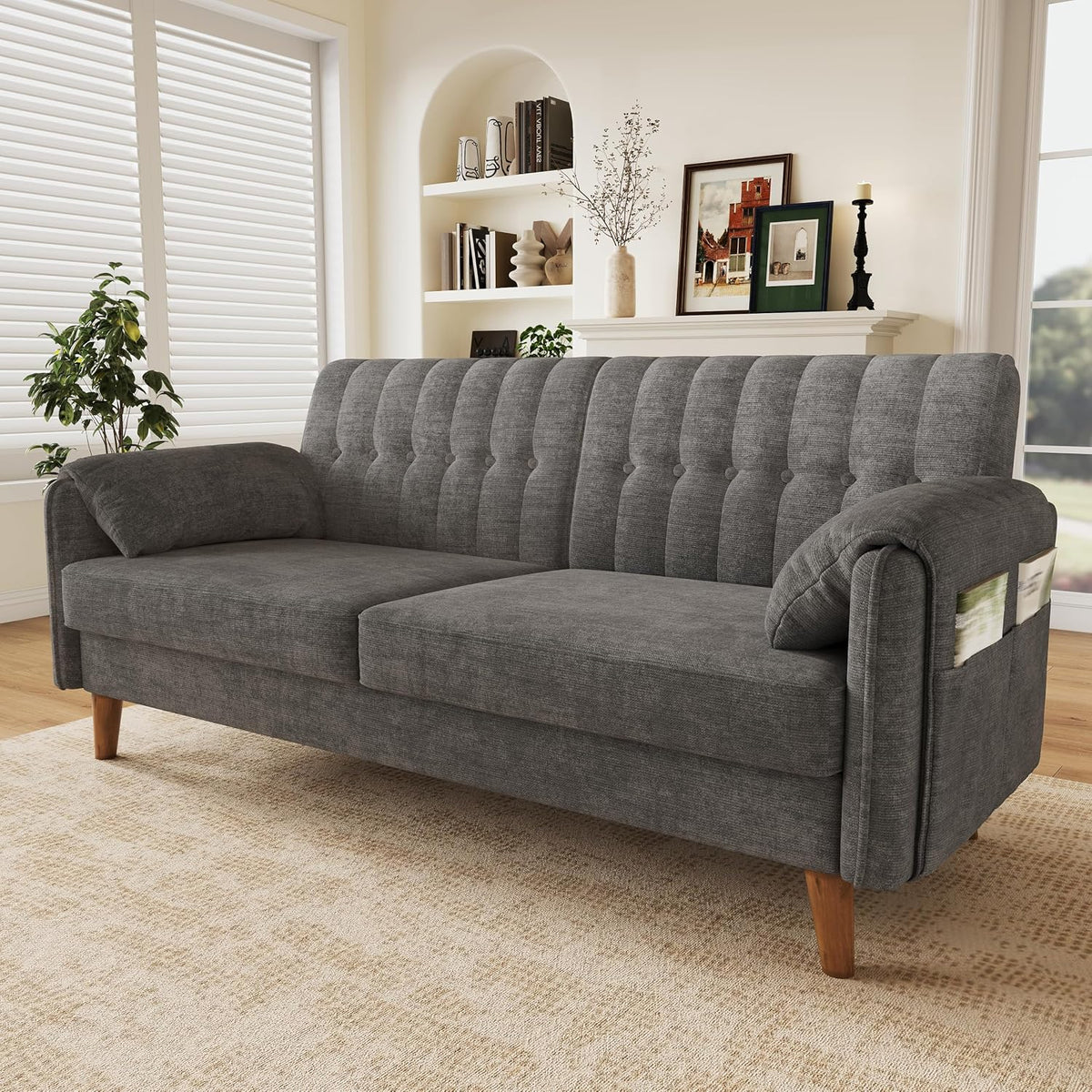 Merax 2-Sitzer Sofa, platzsparende Kleine Couch mit dickem Sitzpolster, getufteter Rückenlehne, 2 Armlehnenkissen, Seitentaschen und Massivholzbeinen, Chenille Polstersofa für Wohnzimmer, Hellgrau