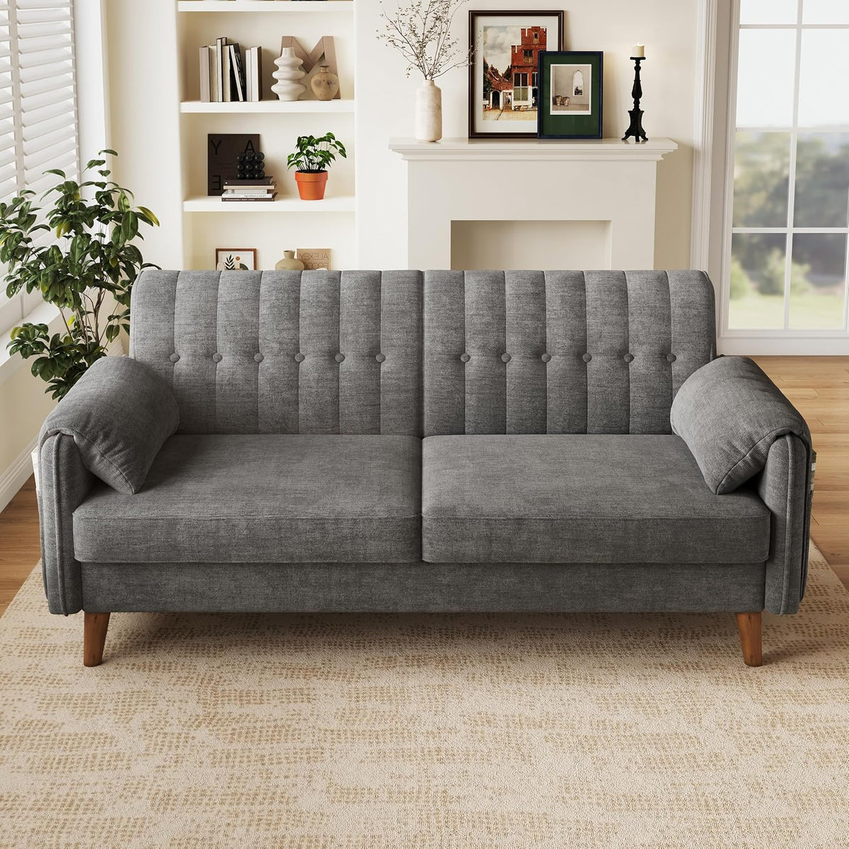 Merax 2-Sitzer Sofa, platzsparende Kleine Couch mit dickem Sitzpolster, getufteter Rückenlehne, 2 Armlehnenkissen, Seitentaschen und Massivholzbeinen, Chenille Polstersofa für Wohnzimmer, Hellgrau