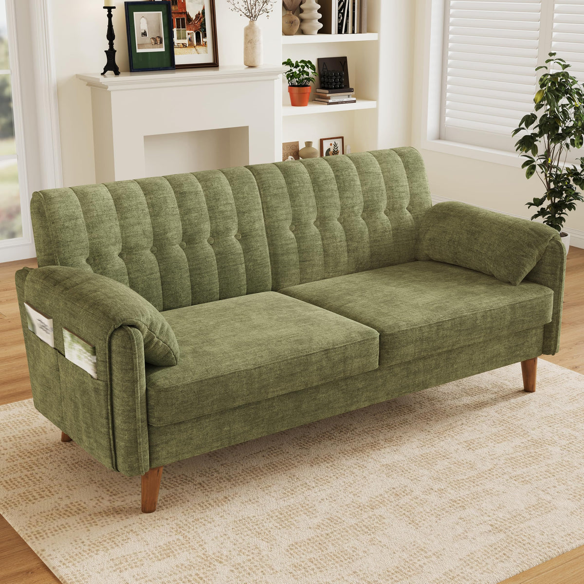 Merax 2-Sitzer Sofa, platzsparende Kleine Couch mit dickem Sitzpolster, getufteter Rückenlehne, 2 Armlehnenkissen, Seitentaschen und Massivholzbeinen, Chenille Polstersofa für Wohnzimmer, Hellgrau