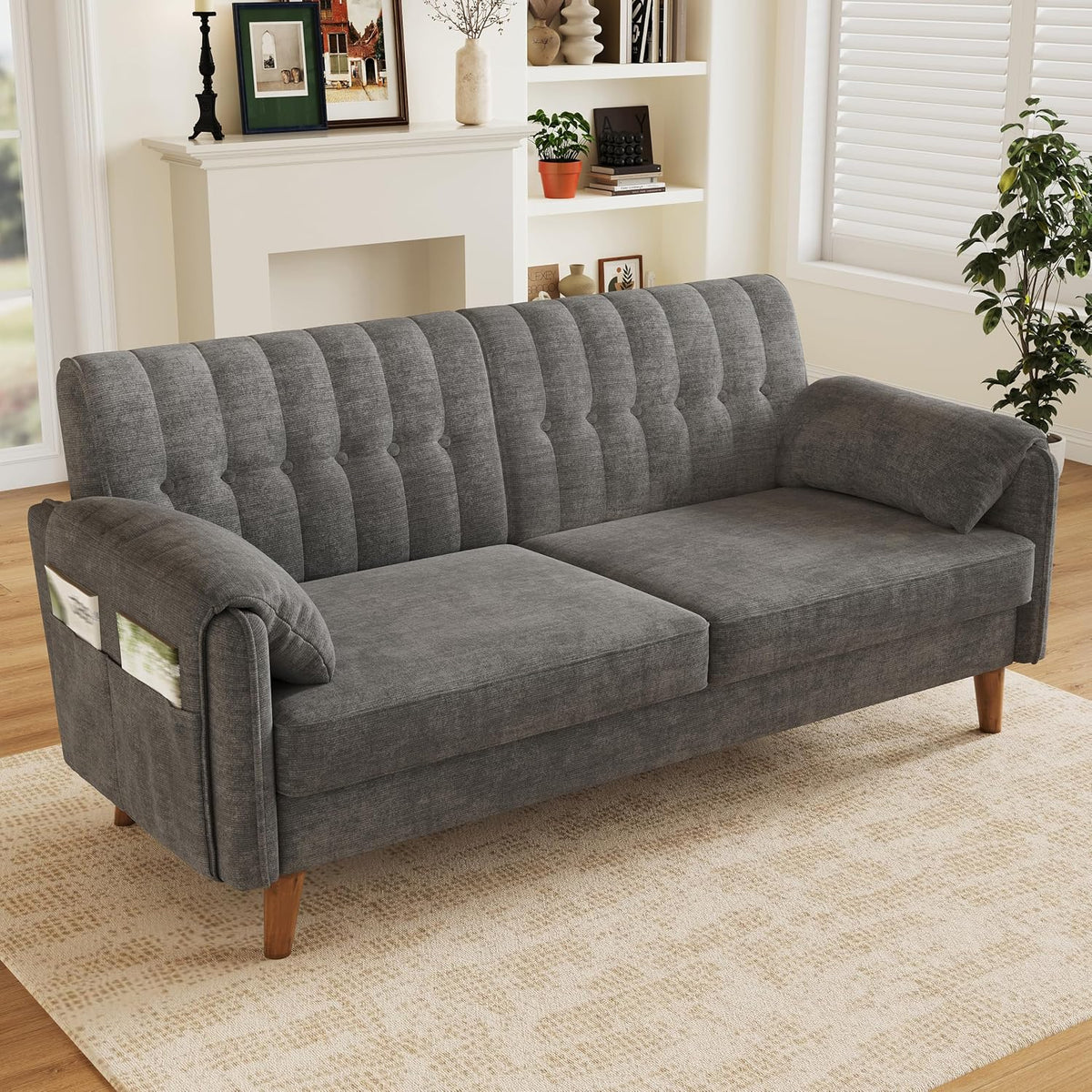 Merax 2-Sitzer Sofa, platzsparende Kleine Couch mit dickem Sitzpolster, getufteter Rückenlehne, 2 Armlehnenkissen, Seitentaschen und Massivholzbeinen, Chenille Polstersofa für Wohnzimmer, Hellgrau