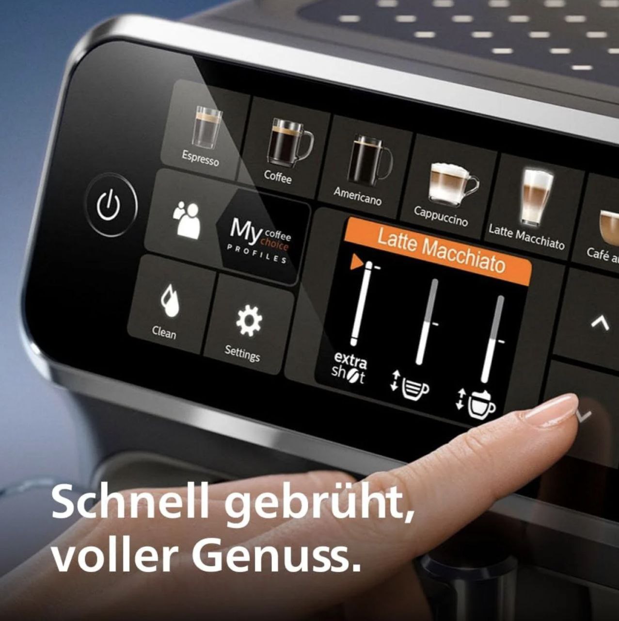 Premium Kaffeevollautomat Series 5400 with LatteGo, 12 beverages, silky milk foam, dishwasher-safe parts, touchscreen.