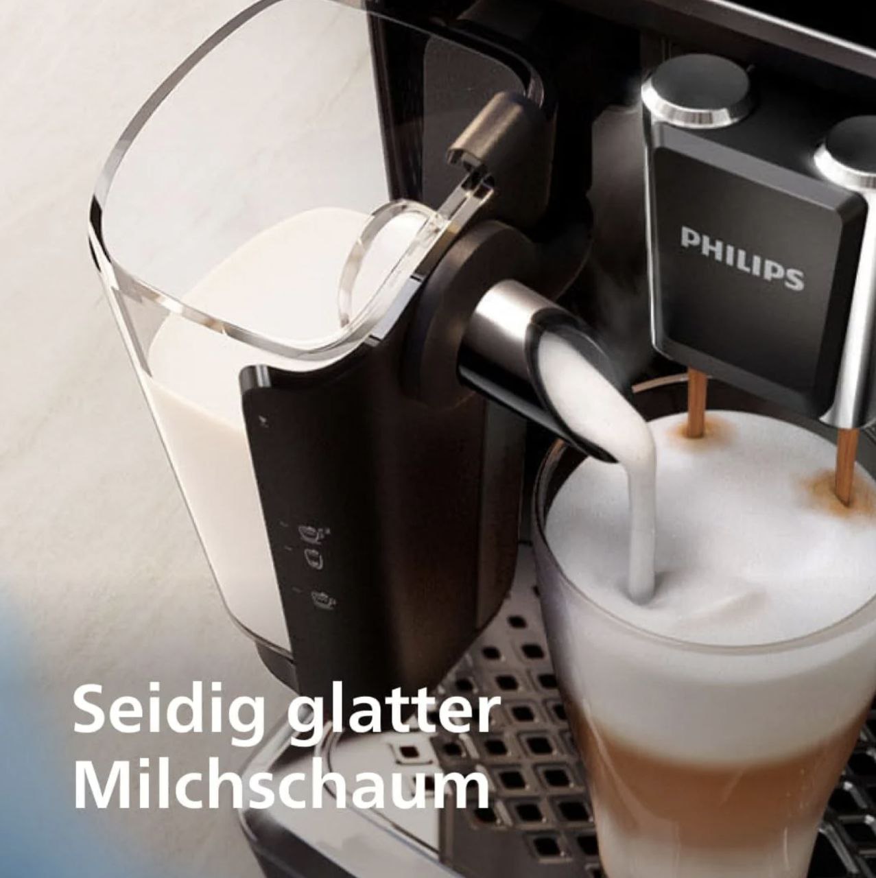 Philips Series 5400 coffee machine with LatteGo milk system for silky foam, two dishwasher-safe parts, 12 beverages.